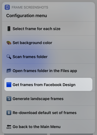 "Get frames from Facebook Design" option in the Configuration Menu