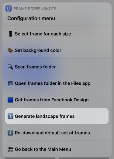 "Generate landscape frames" option in the Configuration Menu