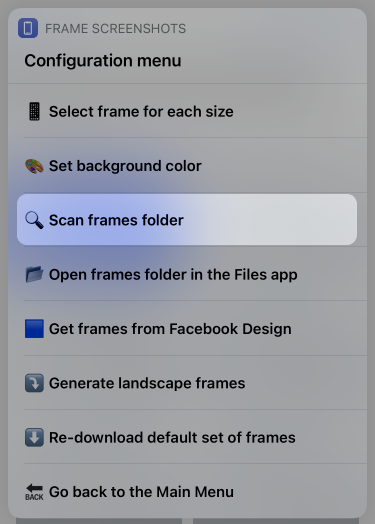 "Scan frames folder" option in the Configuration Menu